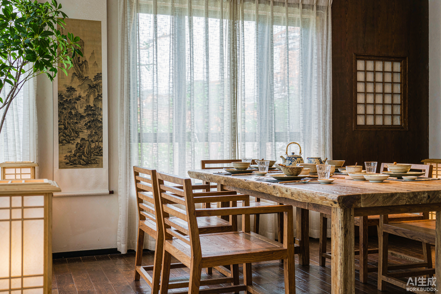 原木日式餐厅搭配公式：木质+白纱+陶土色